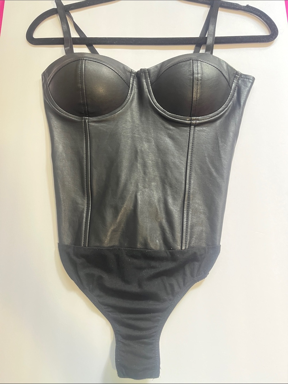 Say What? Black Faux Leather Corset-Style Sexy One-Piece Bodysuit
